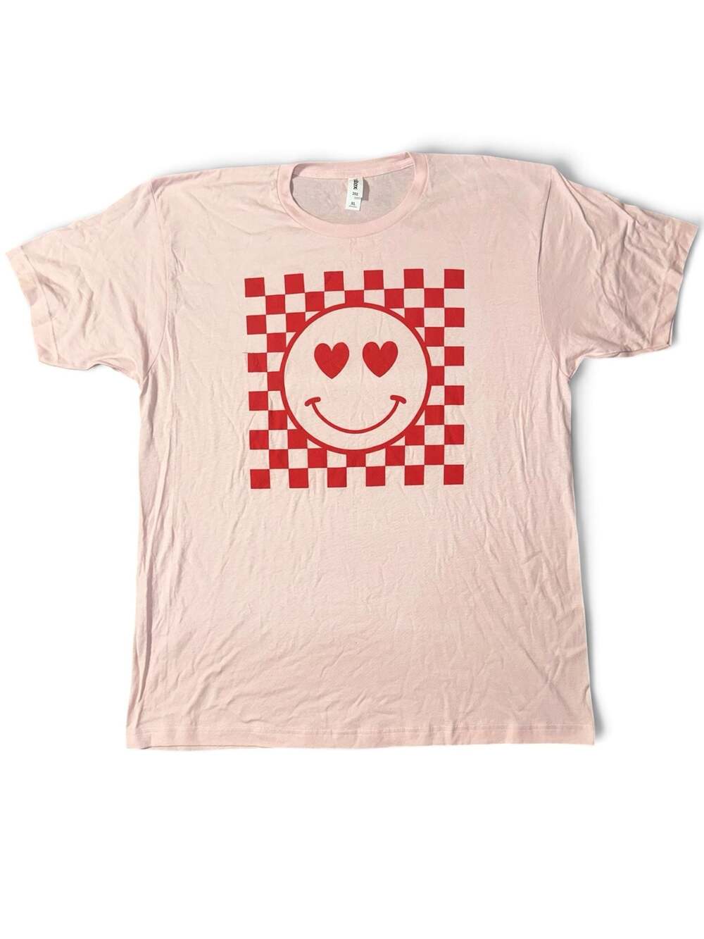 Tultex Light Pink Checkered Heart Eyes Smiley Face Graphic T-Shirt